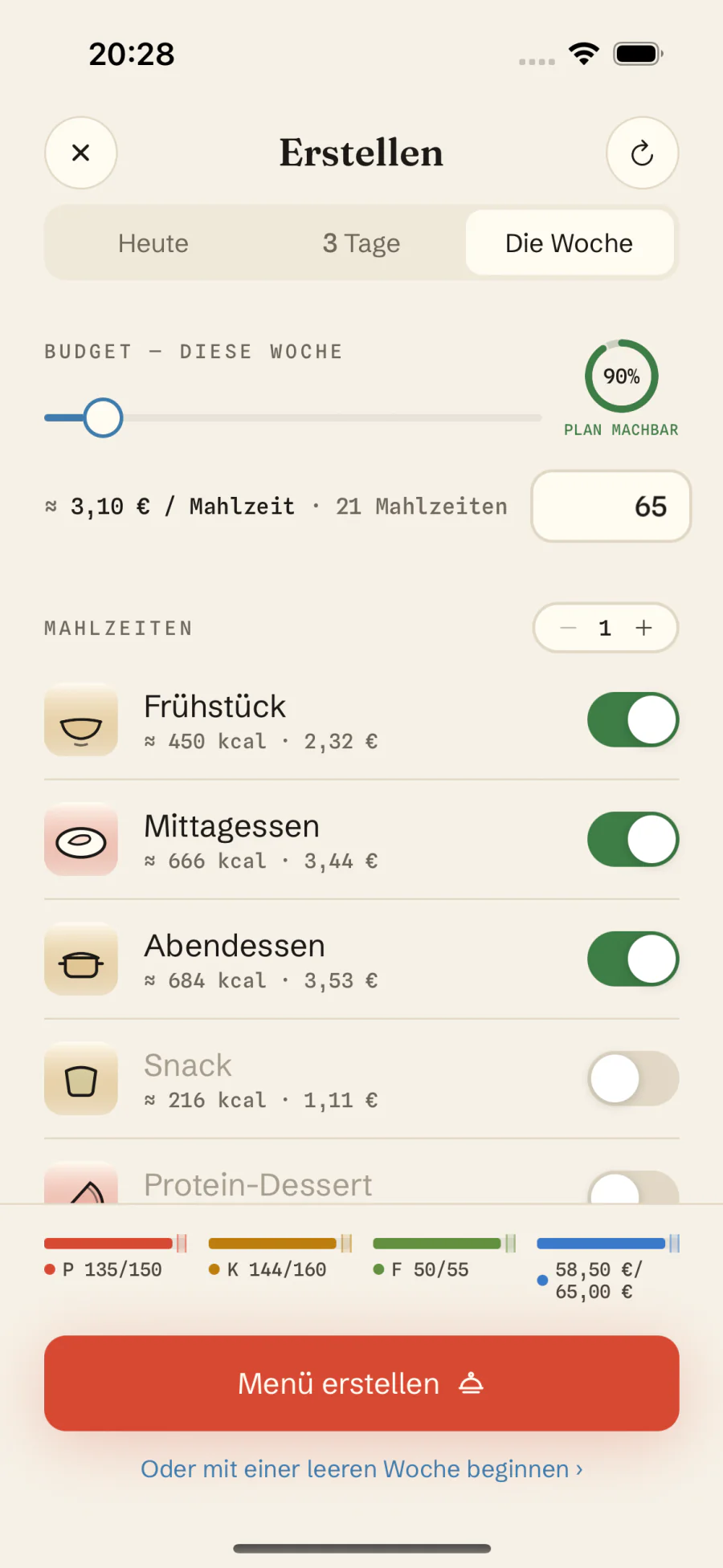 Personalisierter Ernährungsplan in Macro Recipe: Kalorien-, Protein- und Budgetziele vor der Erstellung des Wochenmenüs