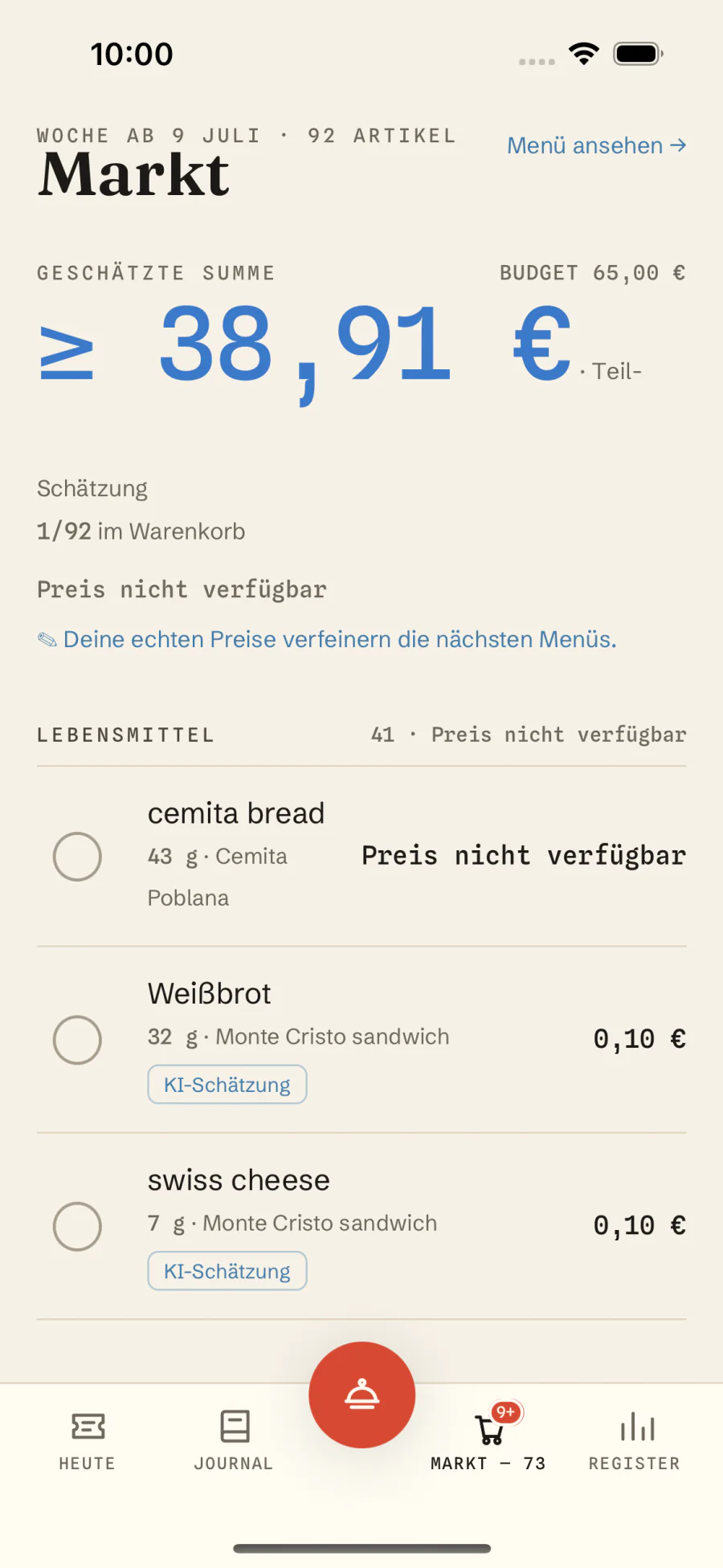 Einkaufsliste mit echten Preisen pro Zutat in Macro Recipe