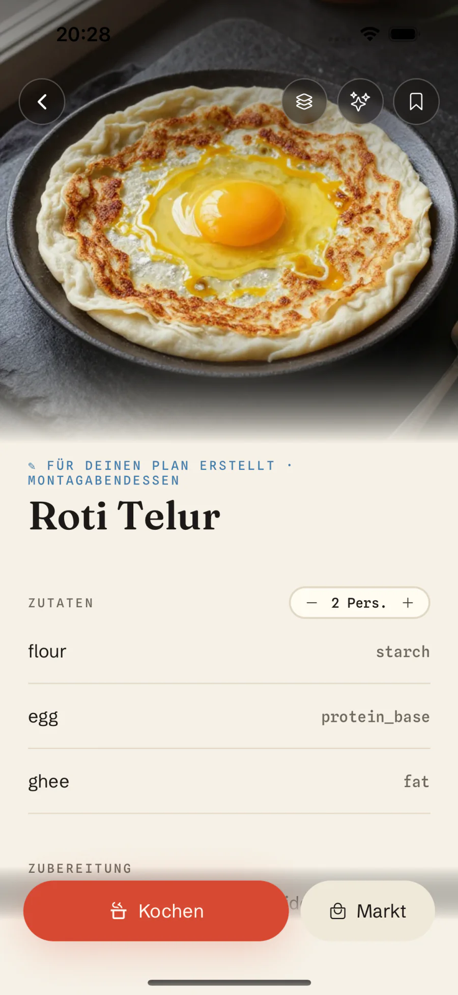 Rezeptkarte in Macro Recipe: persönliche Mengen, Makros und Preis pro Portion