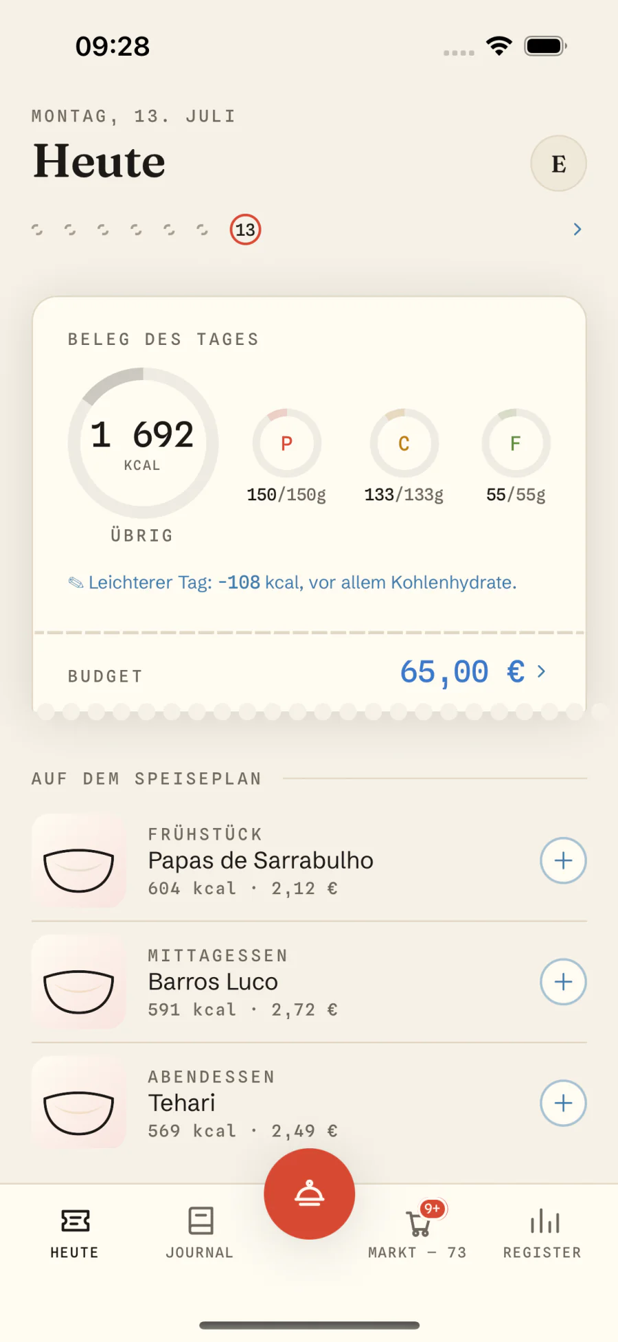 Tagesmenü in Macro Recipe: Makro-Ringe für Kalorien und Protein mit den geplanten Mahlzeiten