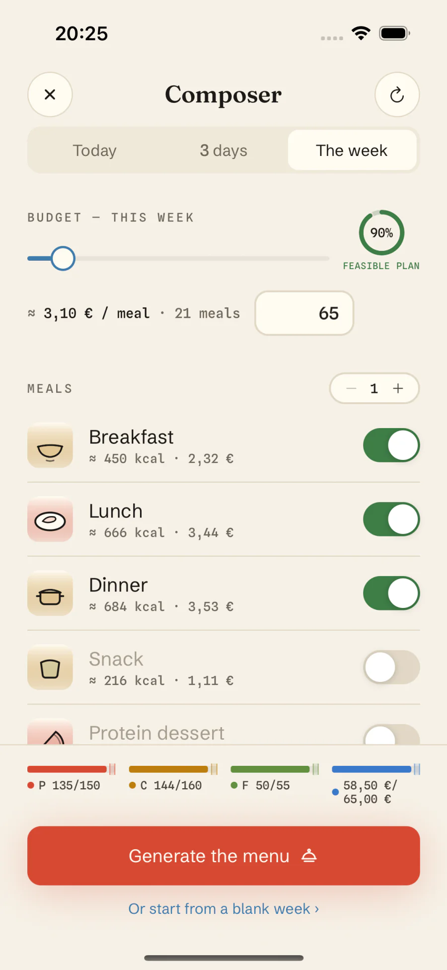 Macro meal planner setup in Macro Recipe: calorie, protein and grocery budget targets before generating the weekly menu
