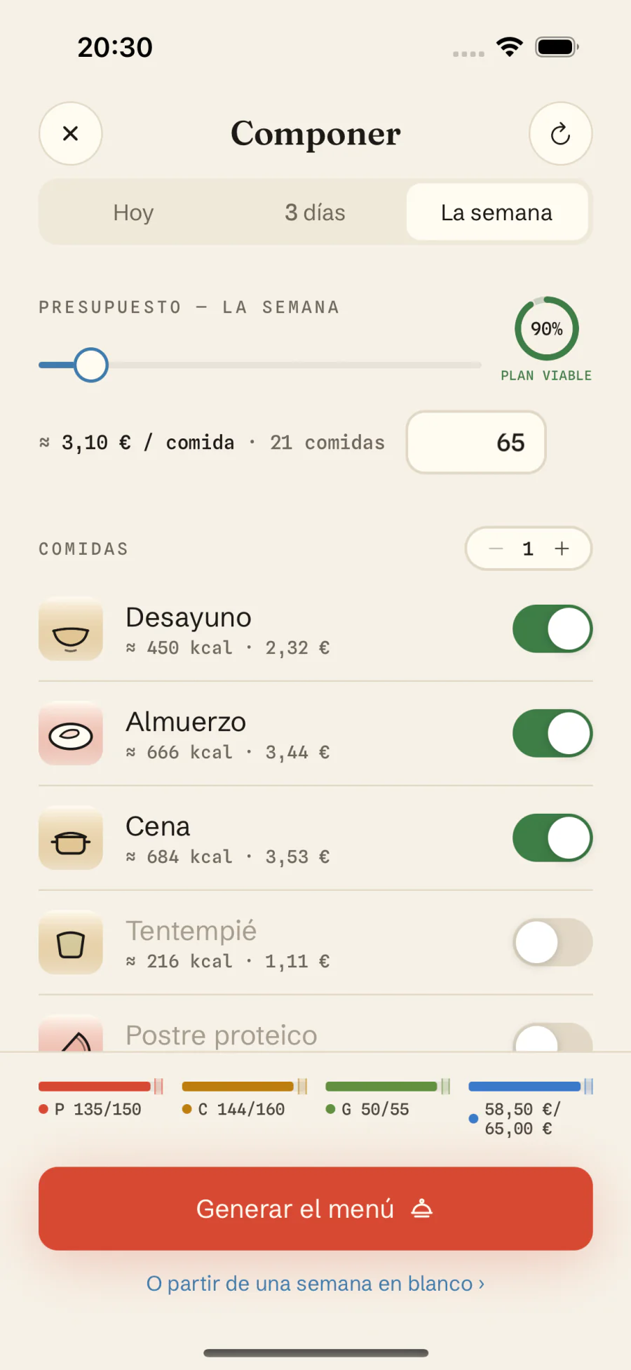 Planificador de comidas con macros en Macro Recipe: objetivos de calorías, proteína y presupuesto antes de generar el menú semanal