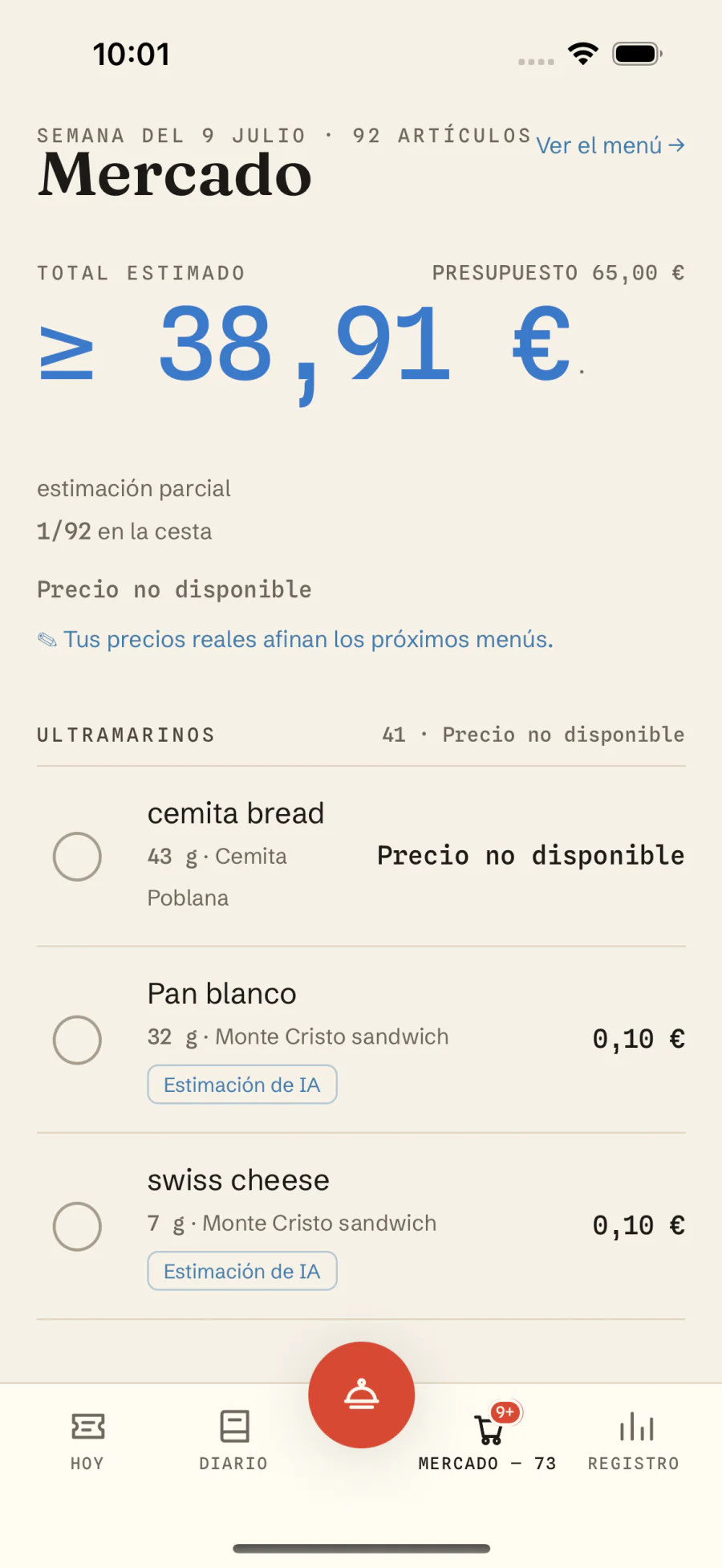 Lista de la compra con precios reales por ingrediente en Macro Recipe
