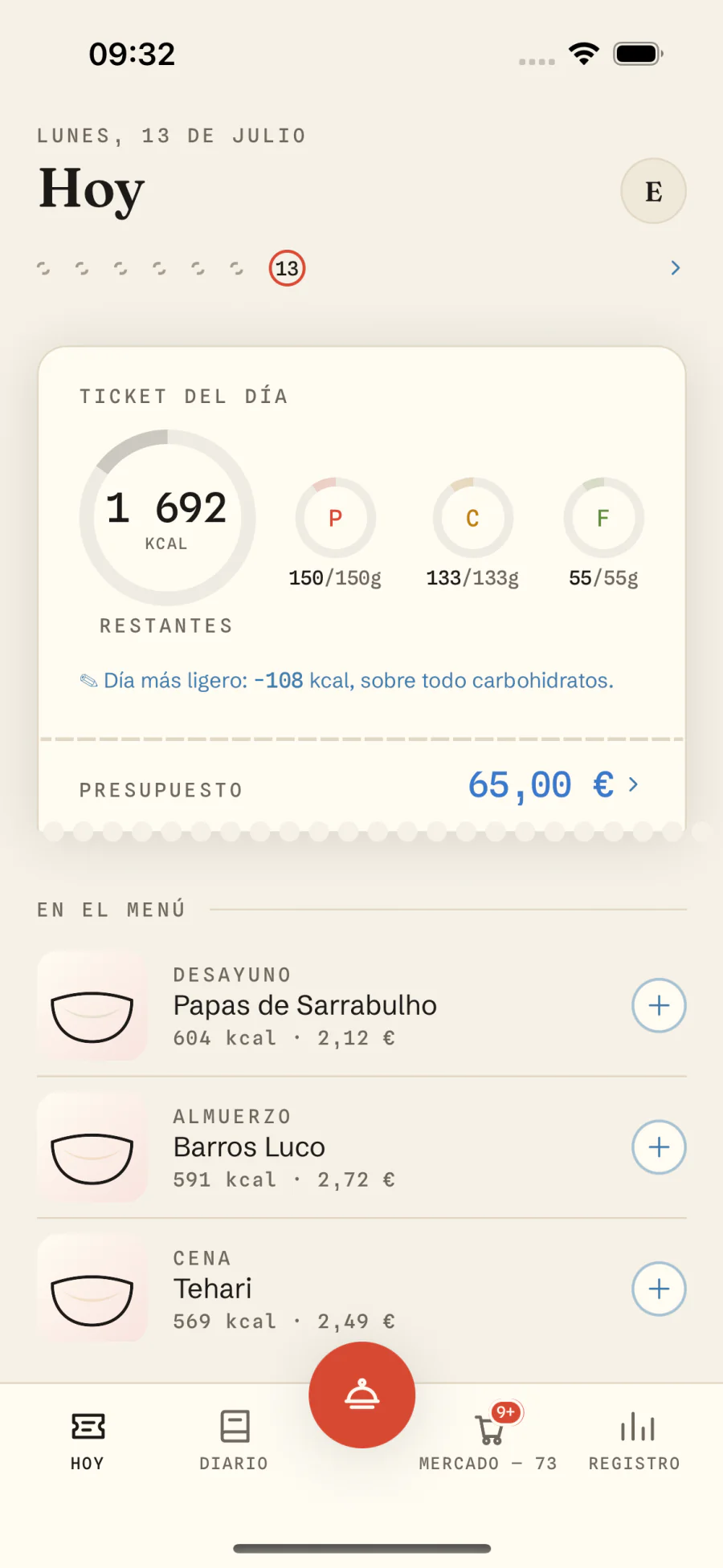 Menú del día en Macro Recipe: anillos de macros — calorías y proteína — con las comidas planificadas