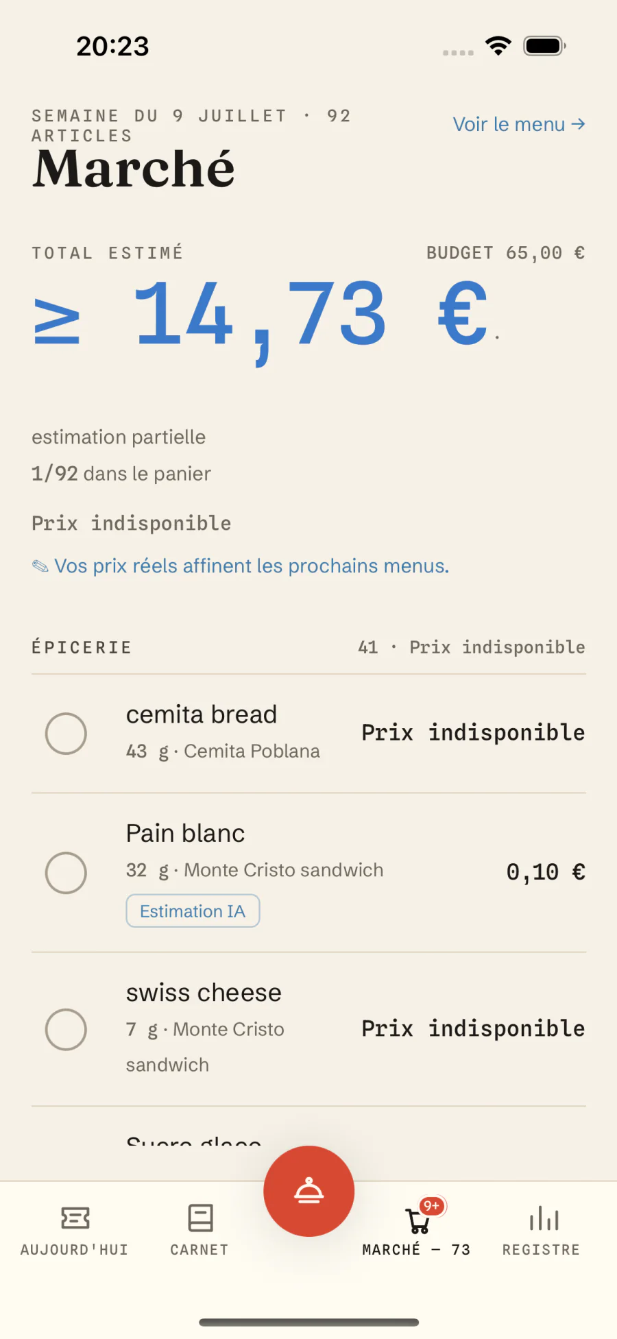 Liste de courses chiffrée en euros dans Macro Recipe, avec prix réels par ingrédient