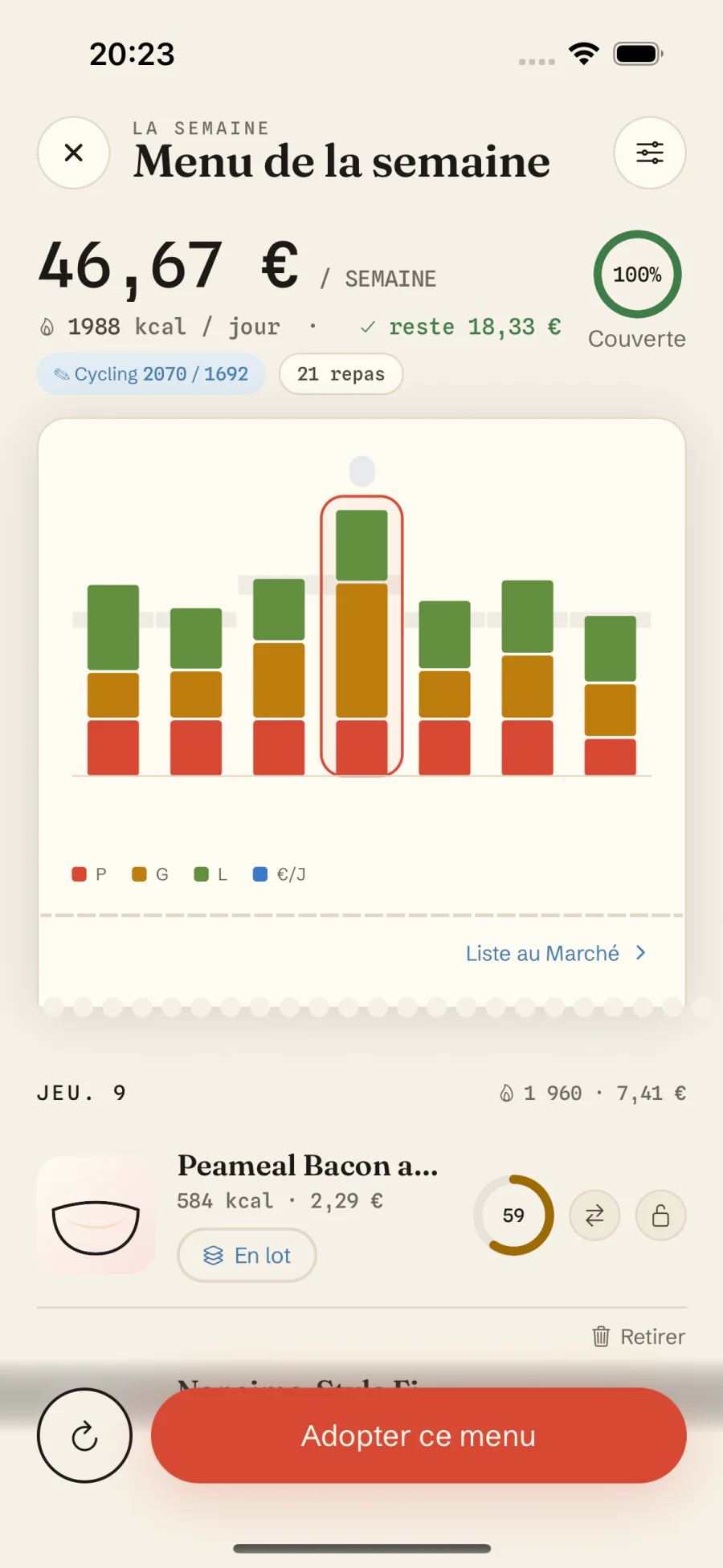 Édition du menu de la semaine dans Macro Recipe : repas verrouillés, le reste régénéré