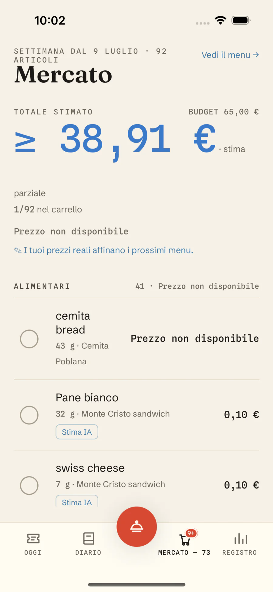 Lista della spesa con prezzi reali per ingrediente in Macro Recipe