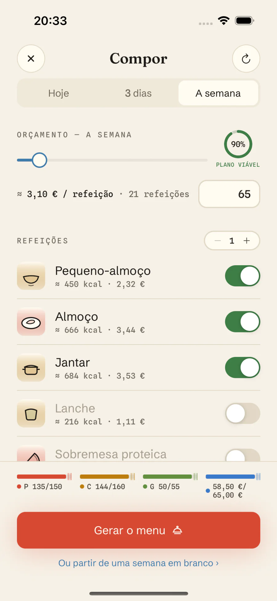 Cardápio personalizado com macros no Macro Recipe: metas de calorias, proteína e orçamento antes de gerar o menu semanal
