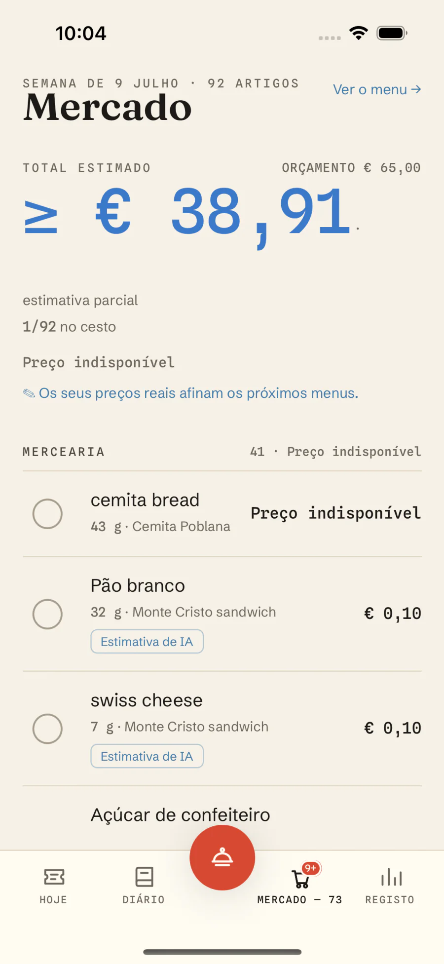 Lista de compras com preços reais por ingrediente no Macro Recipe
