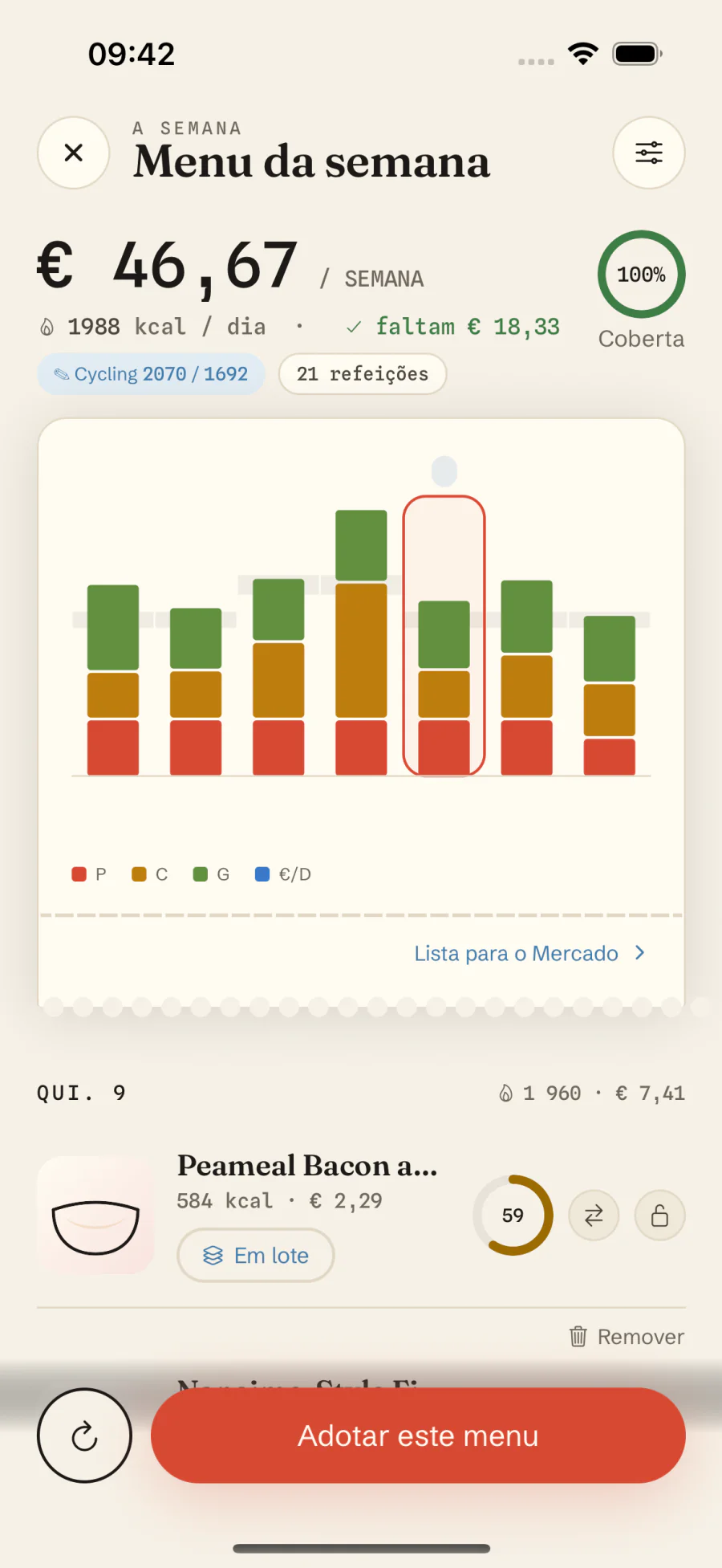 Edição do menu semanal no Macro Recipe: refeições bloqueadas, o resto regenerado